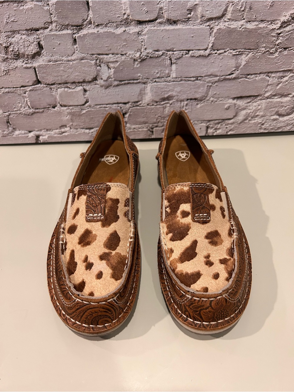 Ariat Tan Tooled Leather Slip-On Loafers Cruiser Hair on Suede Cow Print